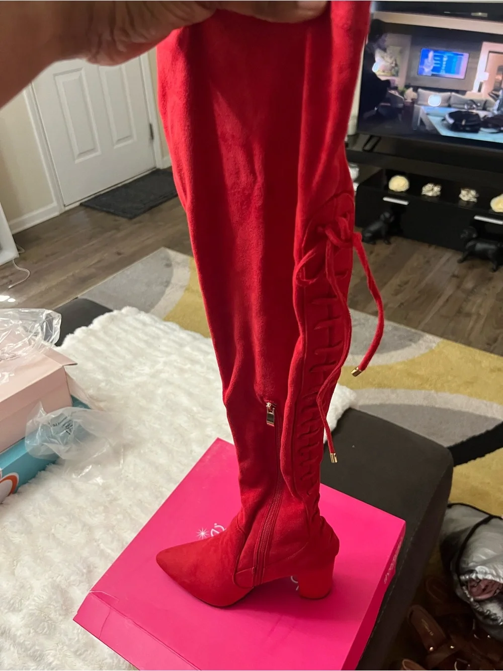 Women’s Over-the-Knee Red Suede Block Heel Boot